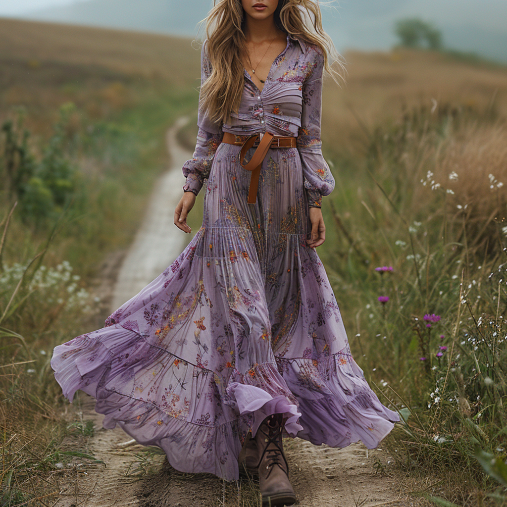Women's Retro V-neck Floral Long-sleeve Bohemian Pastoral Style Maxi Long Dress