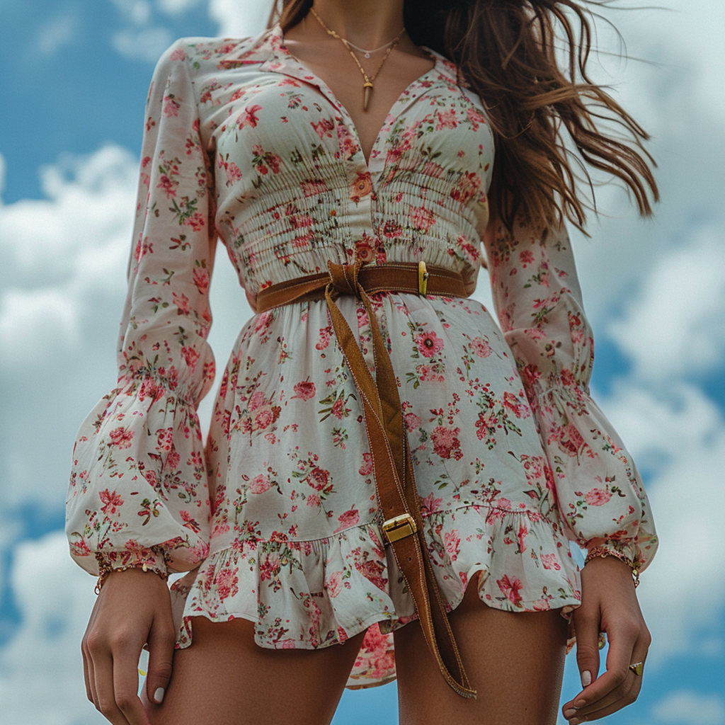 Women's Retro Floral Bohemian Pastoral Style Long-sleeved Mini Short Dress