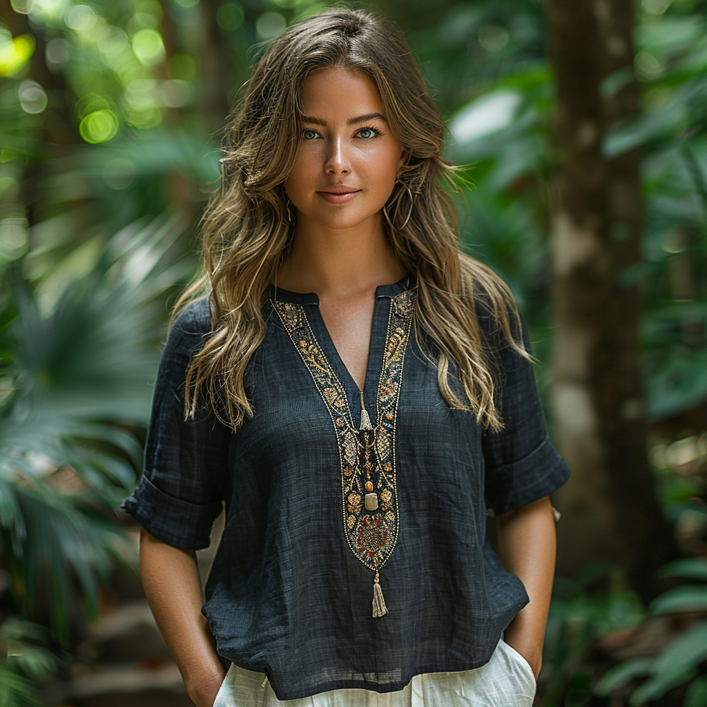 Retro Loose Bohemia Ethnic Style Linen V-neck Short-sleeved Top