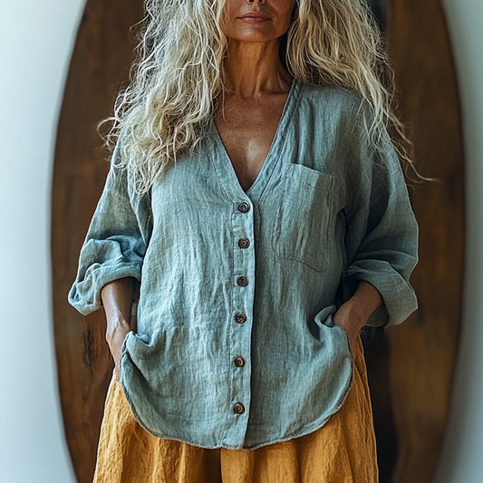 Women's Casual Bohemia Linen Style Long-sleeved Top Shirt