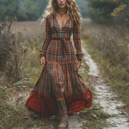 Women's Vintage V-neck Bohemian Pastoral Plaid Style Long-sleeve Maxi Long Dress
