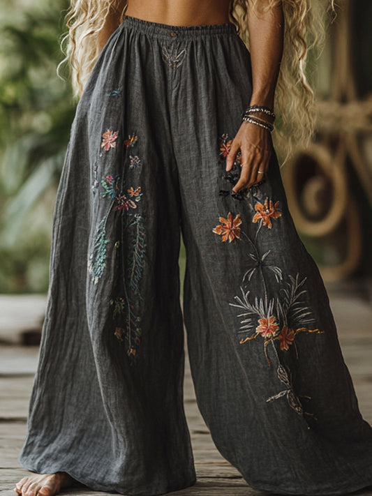 Hamivibe Vintage Bohemian Resort Floral Art Printed Cotton Linen Wide Leg Pants 0e8e