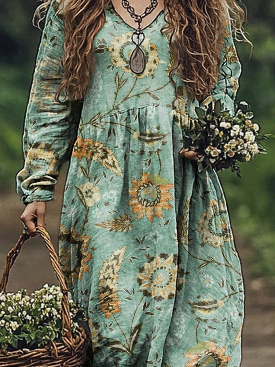 Women's Vintage Lovely Floral Art Print Pocket Cotton Dress