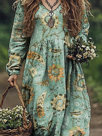 Women's Vintage Lovely Floral Art Print Pocket Cotton Dress