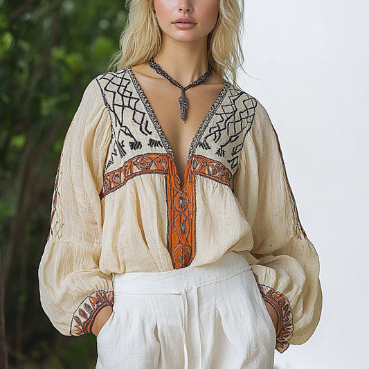 Women's Bohemian Ethnic Pattern Linen Style Casual Long-sleeved Top Shirt
