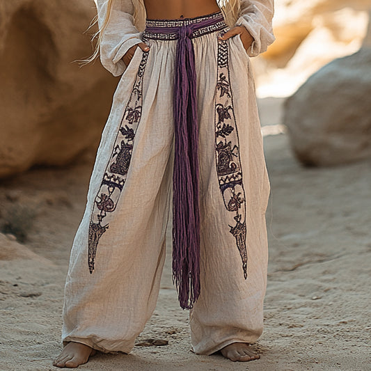 Women's Casual Bohemia Vacation Linen Style Long Loose Wide-leg Trouser Pants