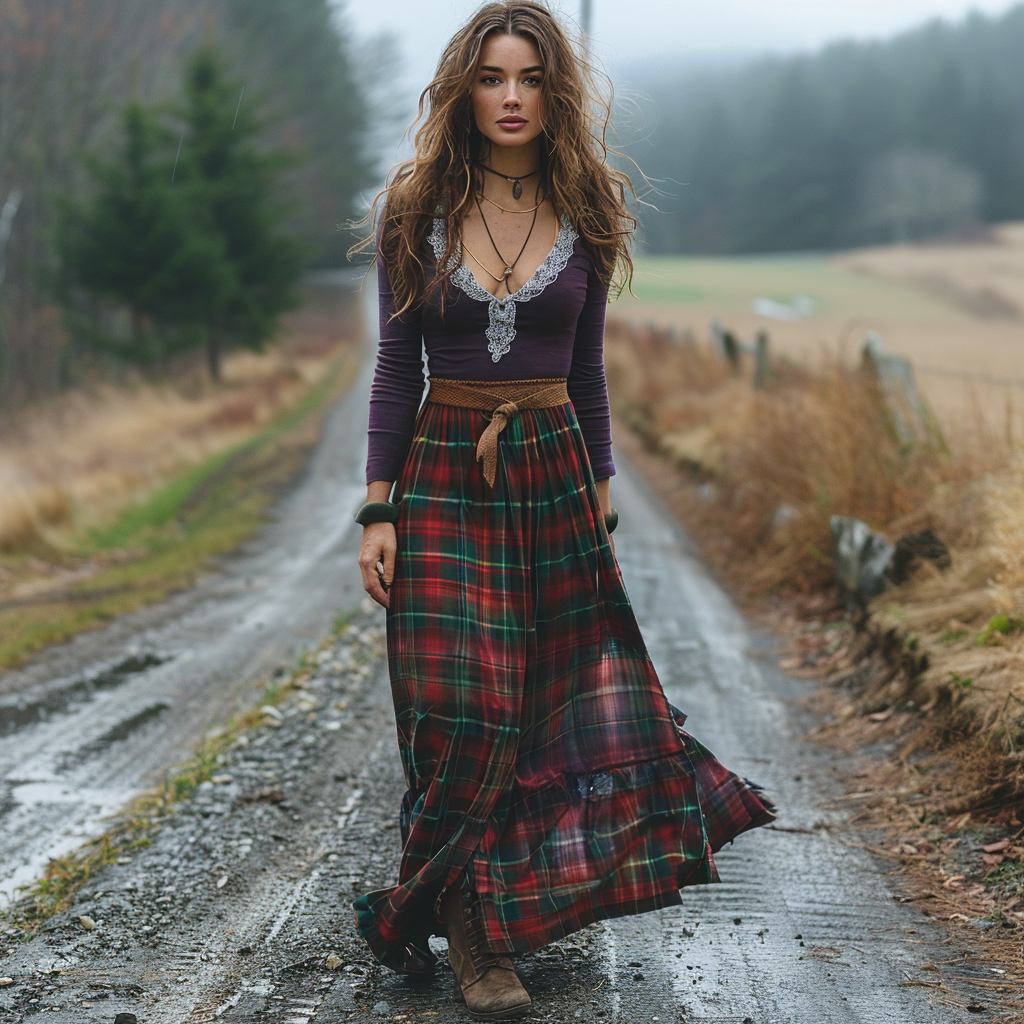 Women's Retro Plaid V-neck Long-sleeve Long Skirt Pastoral Style Maxi Long Dress