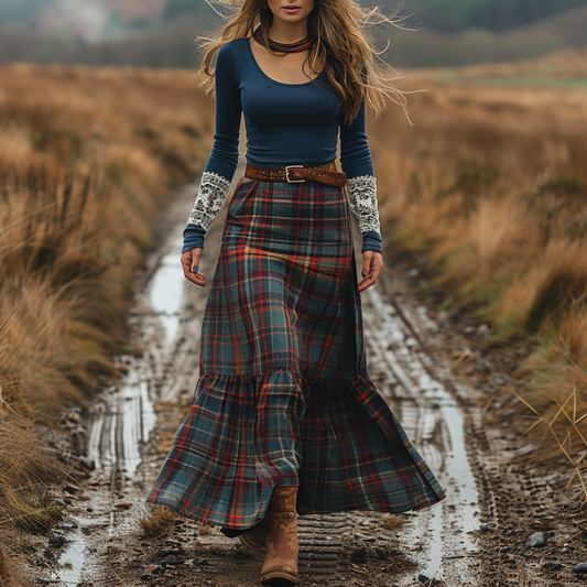 Women's Retro Round Neck Long-sleeve Long Skirt Plaid Pastoral Style Maxi Long Dress