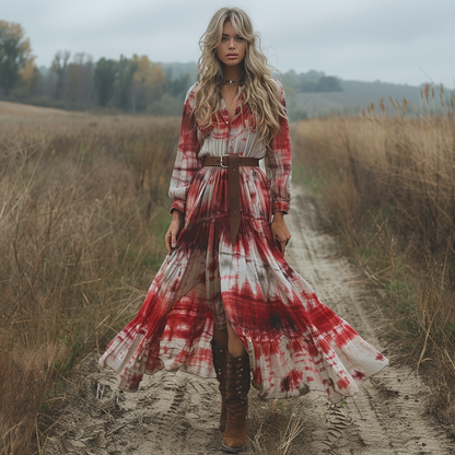 Women's Retro V-neck Linen Pastoral Halloween Style Long-sleeve Maxi Long Dress