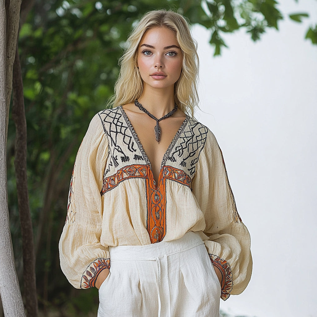Women's Bohemian Ethnic Pattern Linen Style Casual Long-sleeved Top Shirt