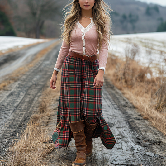 Women's Retro Plaid V-neck Long-sleeve Long Skirt Pastoral Style Maxi Long Dress