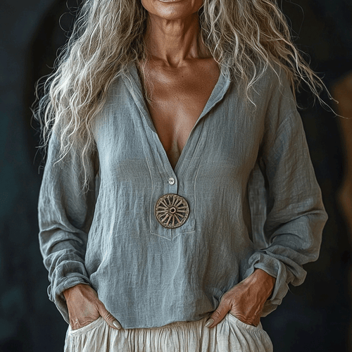 Women's Casual Bohemian Linen Style Long-sleeve Top Shirt