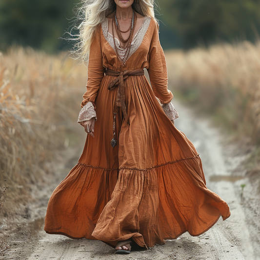 Women's Vintage Pastoral Style V-neck Linen Long-sleeve Maxi Long Dress