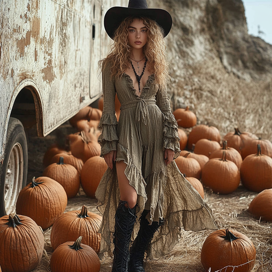 Women's Retro Halloween Linen Solid Color Style Long-sleeve Midi Long Dress