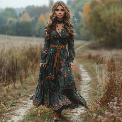 Women's Retro V-neck Floral Long-sleeve Bohemian Pastoral Style Maxi Long Dress