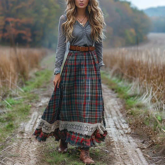 Women's Retro Plaid V-neck Long-sleeve Long Skirt Pastoral Style Maxi Long Dress