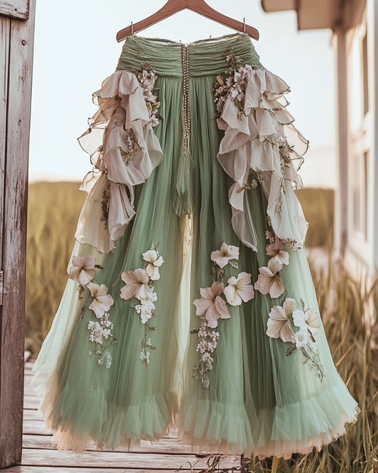 Summer Embroidered Ruffle Lace Patchwork Pants  a4e6