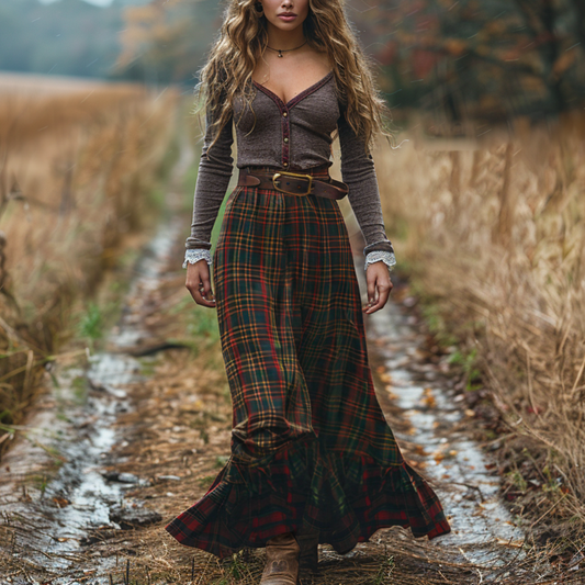 Women's Retro Plaid V-neck Long-sleeve Long Skirt Pastoral Style Maxi Long Dress