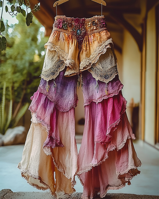 Summer Holiday Ruffle Color Gradient Splicing Linen Pants 348b