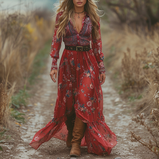 Women's Vintage V-neck Floral Bohemian Pastoral Style Long-sleeved Maxi Long Dress