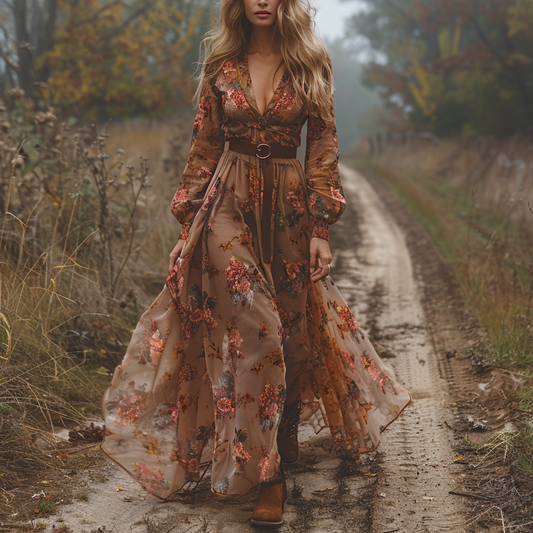 Women's Vintage Country Pastoral Linen Style Long-sleeve Maxi Long Dress