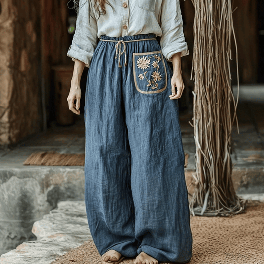 Women's Linen Bohemian Style Wide-leg Trousers Pants