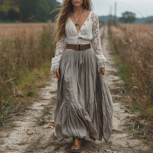 Women's Retro V-neck Country Pastoral Linen Style Long-sleeve Casual Maxi Long Dress
