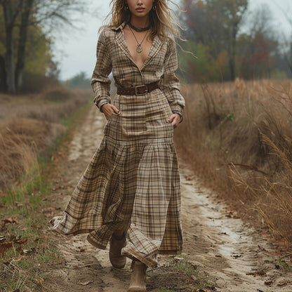 Women's Vintage V-neck Bohemian Pastoral Style Long-sleeve Maxi Long Dress