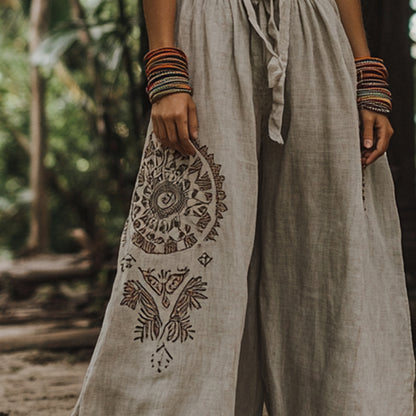 Bohemian Holiday Style Retro Linen Floral Ethnic Totem Print Casual Pants