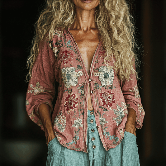 Women's Linen Bohemia Style Floral Long-sleeved Breathable Top Shirt