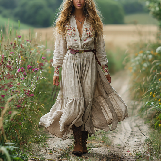 Women's Vintage V-neck Floral Bohemian Pastoral Style Long-sleeved Maxi Long Dress