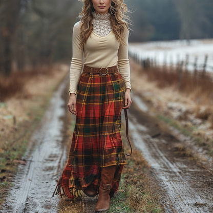 Women's Retro Plaid High Collar Long Sleeve Long Skirt Pastoral Style Maxi Long Dress