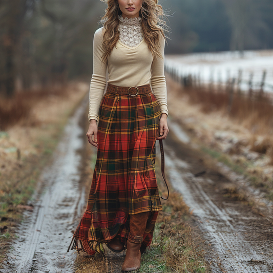 Women's Retro Plaid High Collar Long Sleeve Long Skirt Pastoral Style Maxi Long Dress