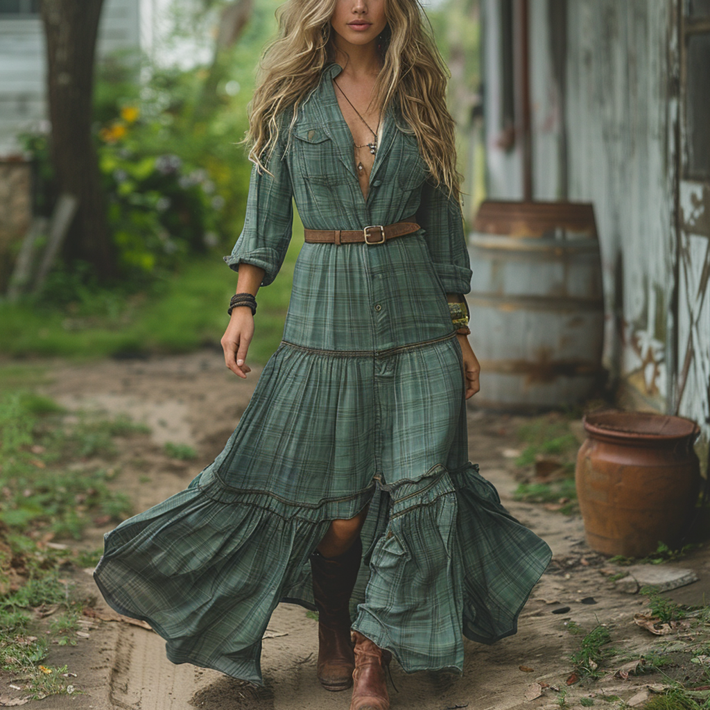 Women's Retro V-neck Plaid Long-sleeve Bohemian Pastoral Style Maxi Long Dress