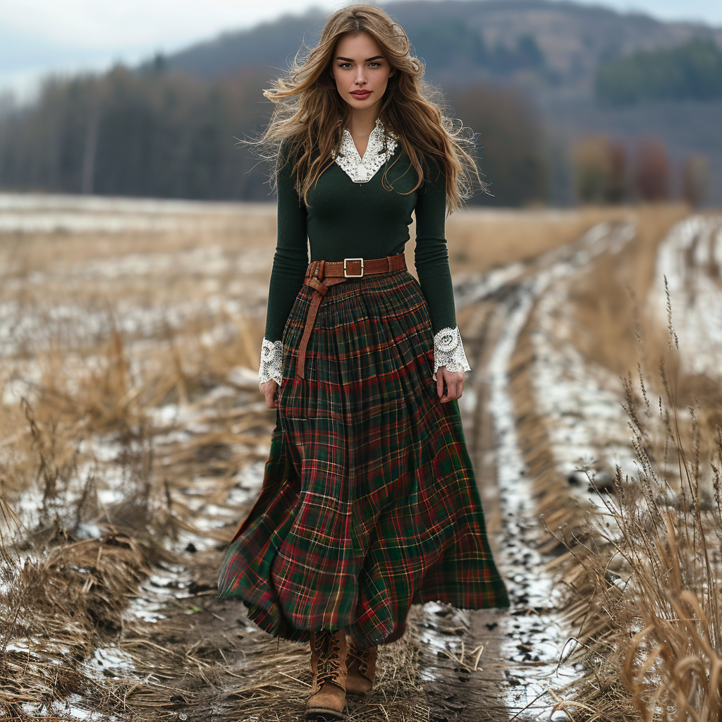 Women's Retro Plaid V-neck Long-sleeve Long Skirt Pastoral Style Maxi Long Dress