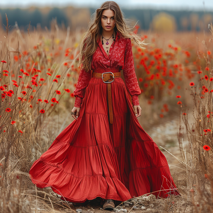 Women's Retro V-neck Floral Long-sleeve Bohemian Pastoral Style Maxi Long Dress