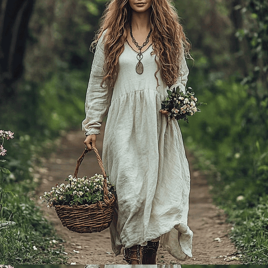 Women's Linen Bohemian Style Solid Maxi Long Dress