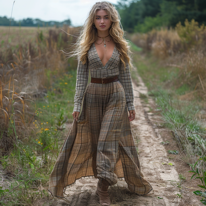 Women's Retro V-neck Plaid Long-sleeve Bohemian Pastoral Style Maxi Long Dress