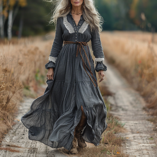 Women's Vintage Pastoral Style V-neck Linen Long-sleeve Maxi Long Dress