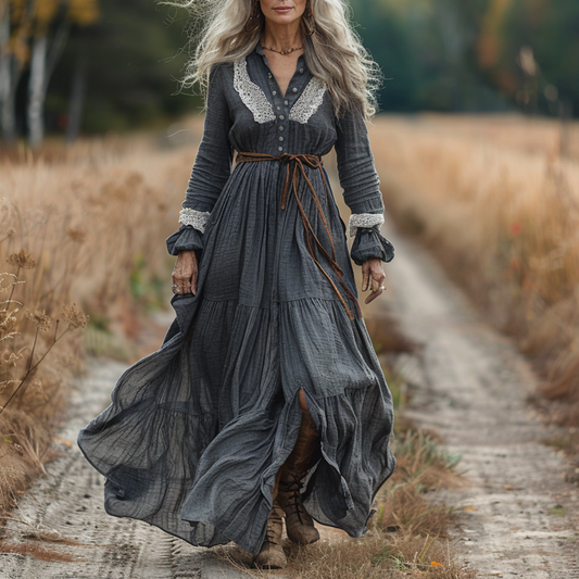 Women's Vintage Pastoral Style V-neck Linen Long-sleeve Maxi Long Dress