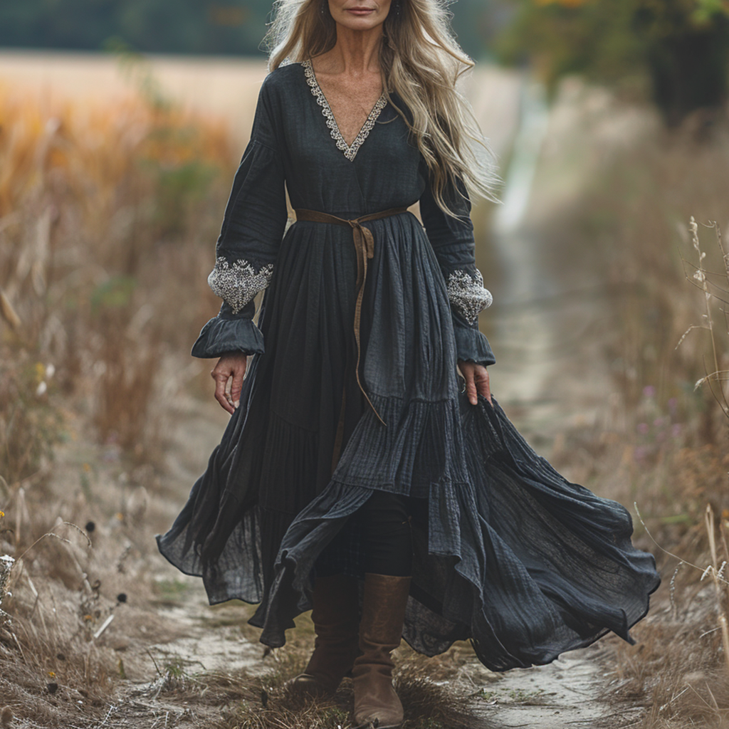 Women's Vintage Pastoral Style V-neck Linen Long-sleeve Maxi Long Dress