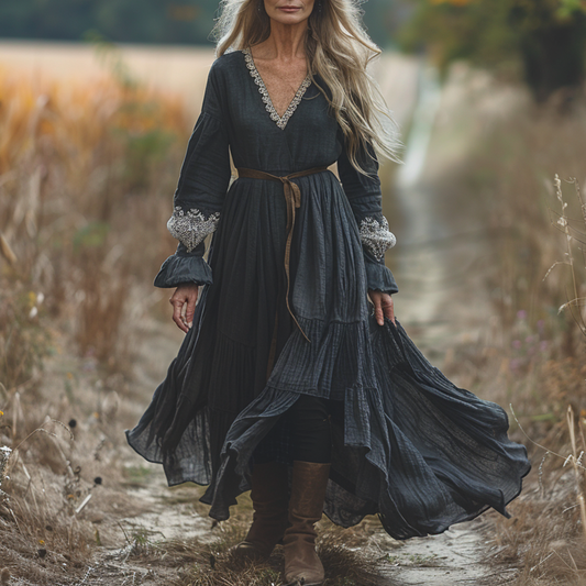 Women's Vintage Pastoral Style V-neck Linen Long-sleeve Maxi Long Dress