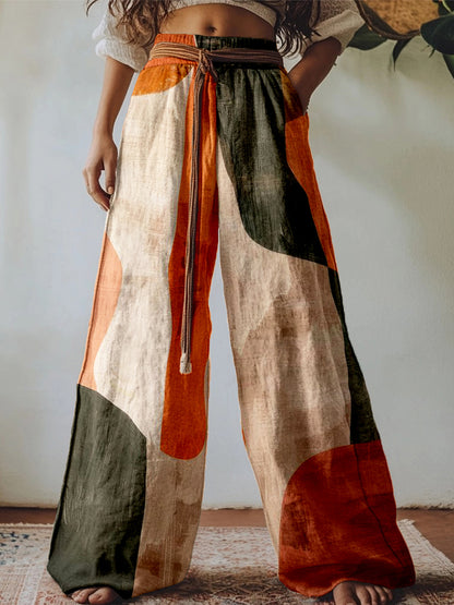 Hamivibe Vintage Abstract Boho Art Linen Blend Casual Pants b432