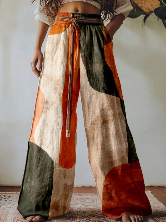 Hamivibe Vintage Abstract Boho Art Linen Blend Casual Pants b432
