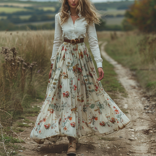Women's Retro V-neck Floral Long-sleeve Bohemian Pastoral Style Maxi Long Dress
