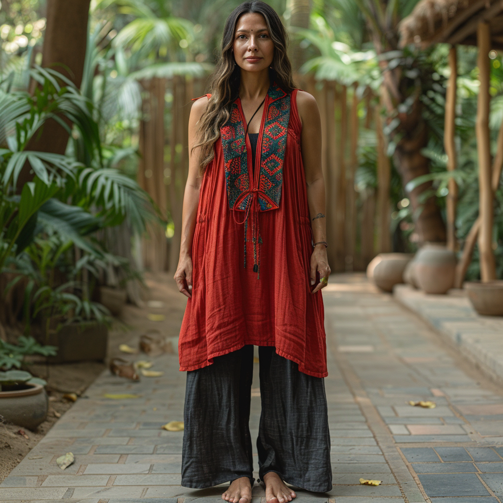 Women's Retro Loose Bohemia Ethnic Style Linen Sleeveless Long Top Shirt