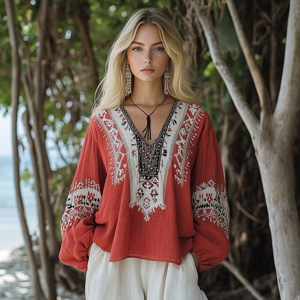 Women's Bohemian Ethnic Pattern Linen Style Casual Long-sleeved Top Shirt