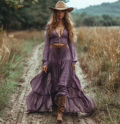 Women's Vintage V-neck Bohemian Pastoral Style Long-sleeve Maxi Long Dress