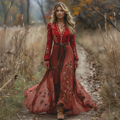 Women's Vintage V-neck Floral Bohemian Pastoral Style Long-sleeved Maxi Long Dress
