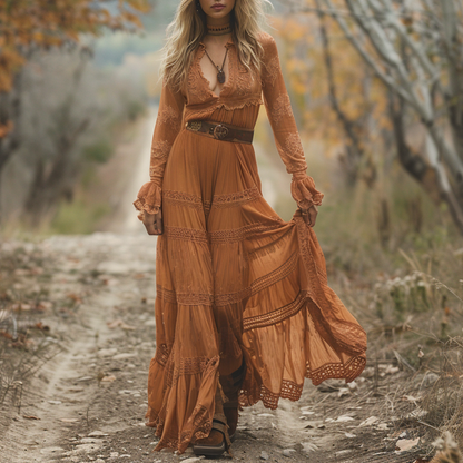 Women's Retro V-neck Country Pastoral Linen Style Long-sleeve Casual Maxi Long Dress